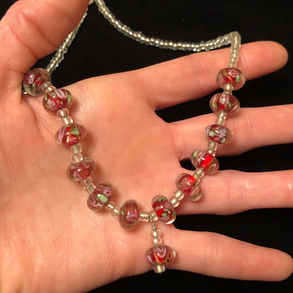 Vintage White Red and Silver Tone Beaded Necklace